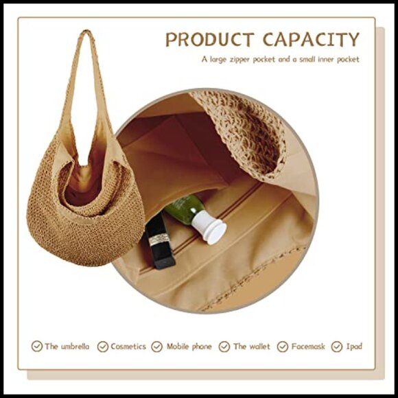 Straw Hobo Tote Bag Handwoven Rattan Retro Beach Summer Casual Purse - Picture 5 of 7